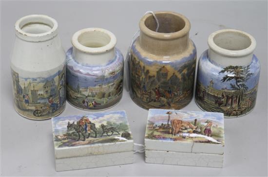 A Prattware jar, Venice (84), three other jars and two rectangular boxes and covers,